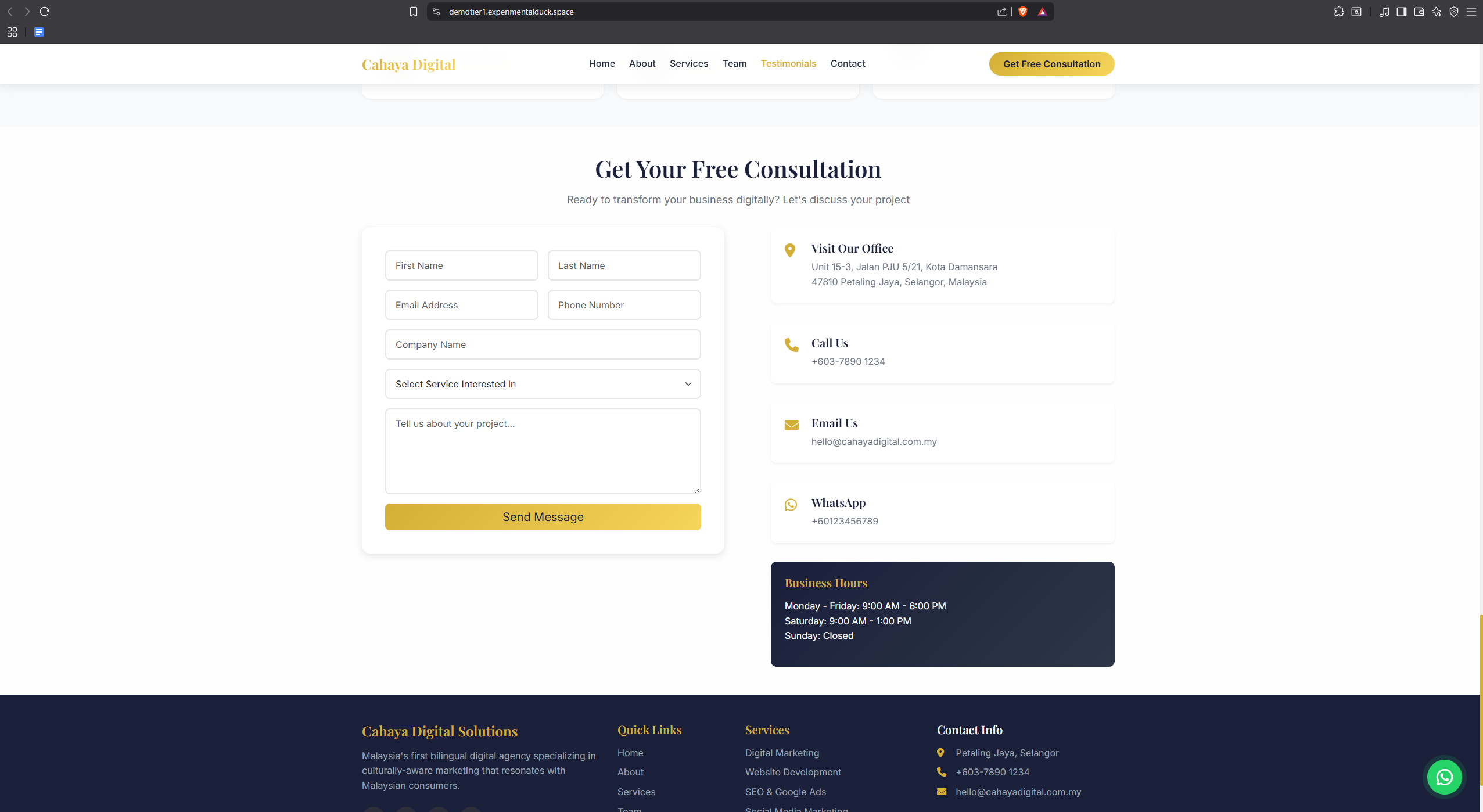 Contact and footer section.