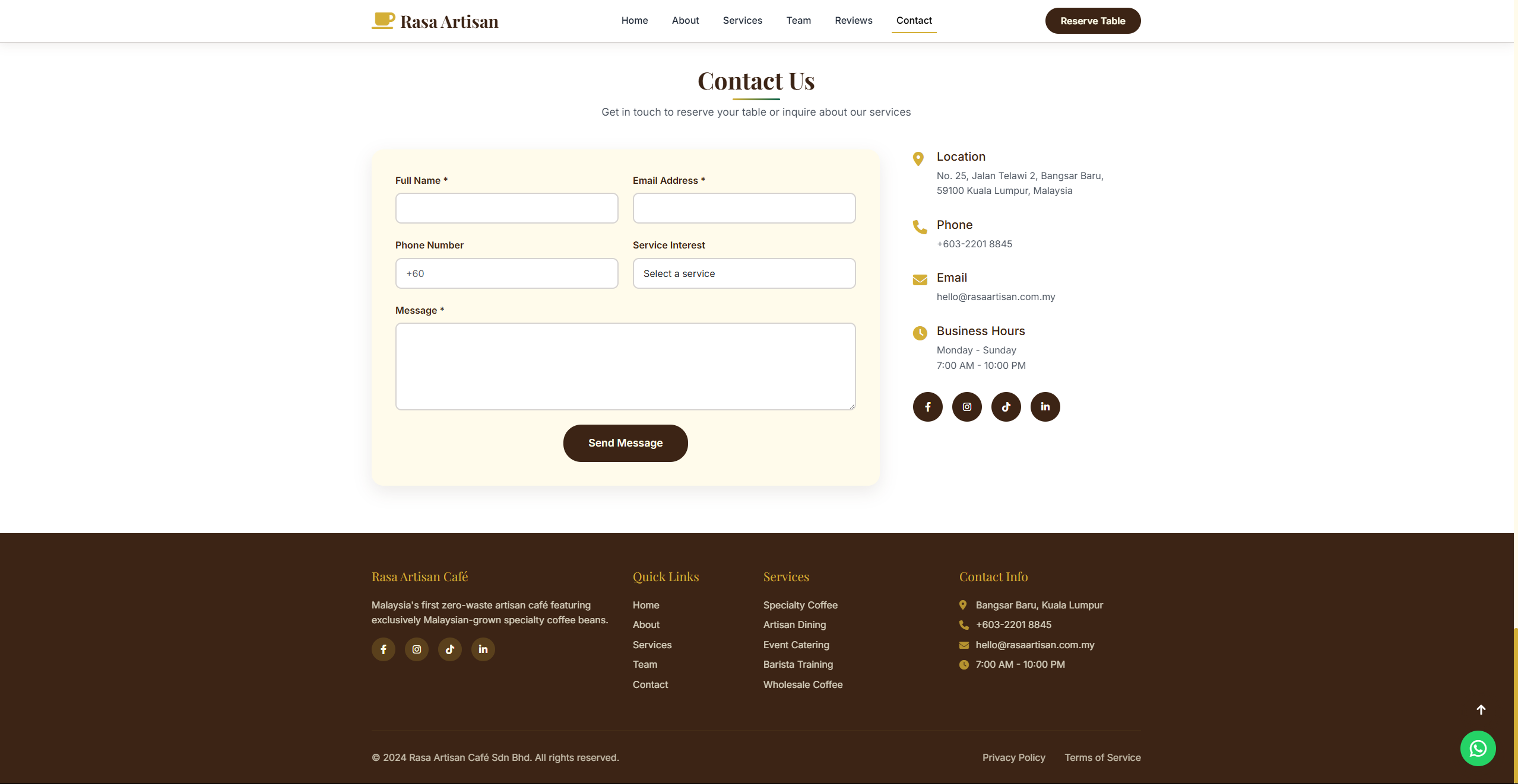 Contact and footer section.